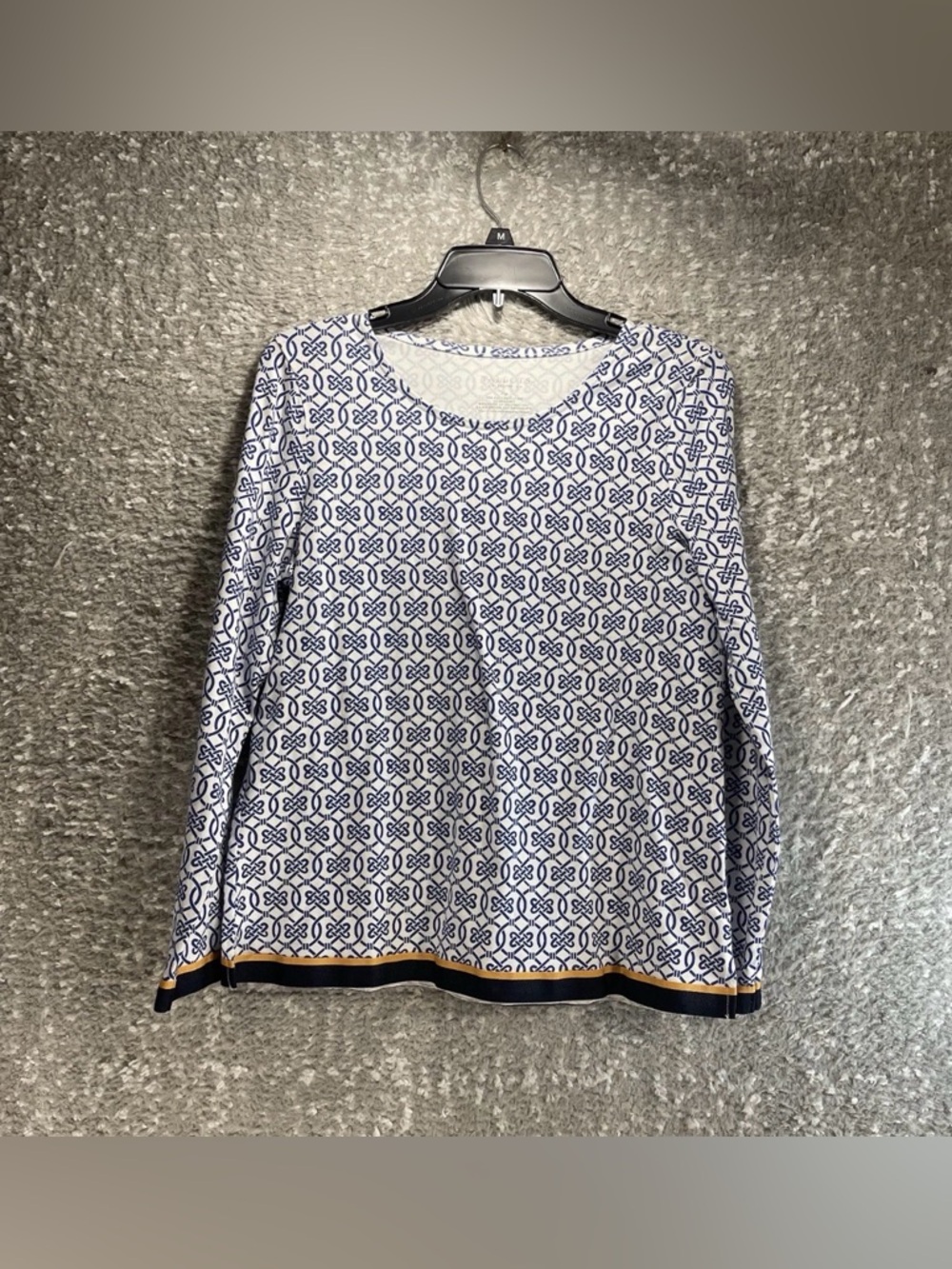 Talbots Geometric Blue White Long Sleeve Gold Buttons Top M Petite Preppy